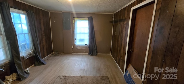 127 Hibriten Mountain Rd, Lenoir, NC 28645 - unfurnished room with light wood-style flooring, electric panel, ornamental molding, and a textured ceiling