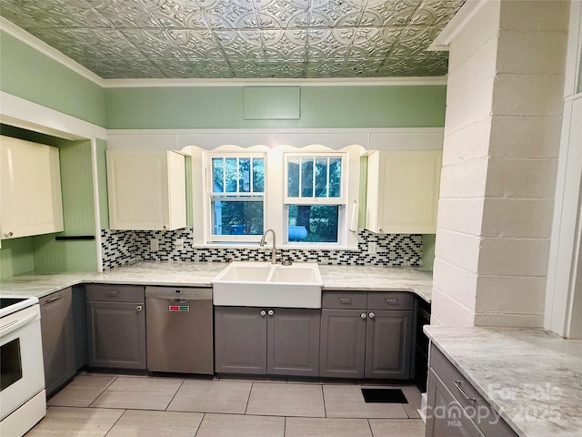 5188 Dysartsville Rd, Morganton, NC 28655 - kitchen with dishwasher, gray cabinets, an ornate ceiling, tasteful backsplash, and ornamental molding