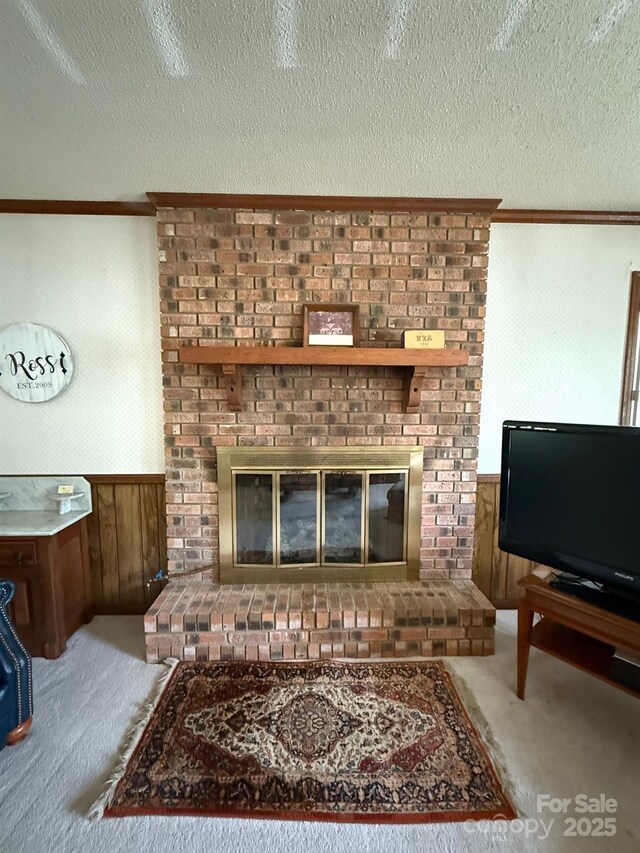 200 Breslin St, Wadesboro, NC 28170 - living area featuring a fireplace, carpet, wainscoting, a textured ceiling, and crown molding