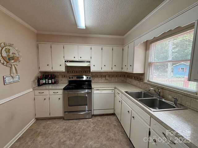 200 Breslin St, Wadesboro, NC 28170 - kitchen featuring stainless steel range with electric cooktop, dishwasher, under cabinet range hood, a textured ceiling, and white cabinets