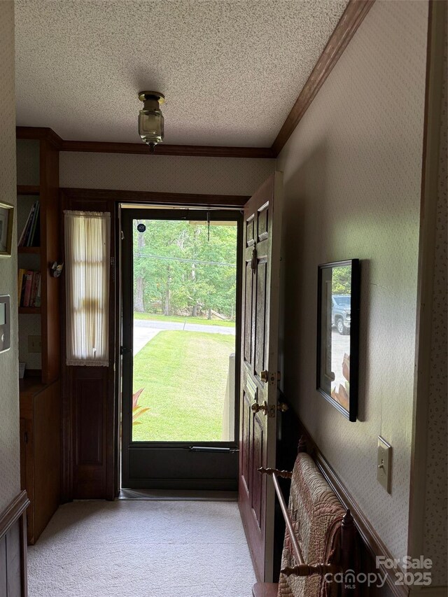 200 Breslin St, Wadesboro, NC 28170 - foyer entrance with ornamental molding, light carpet, and a textured ceiling