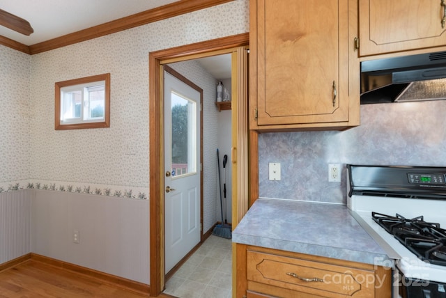 5211 Spring Gln, York, SC 29745 - kitchen with range with gas cooktop, under cabinet range hood, ornamental molding, light countertops, and light wood-type flooring