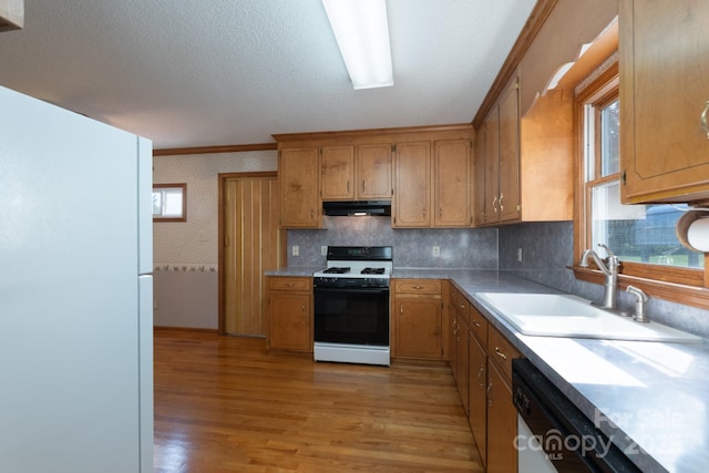 5211 Spring Gln, York, SC 29745 - kitchen featuring white appliances, under cabinet range hood, wallpapered walls, light wood-style floors, and light countertops