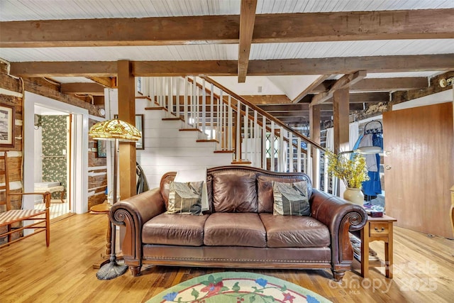 189 Woodstock Dr, West Jefferson, NC 28694 - living room with stairs, hardwood / wood-style floors, wood walls, and a wooden ceiling with exposed beams