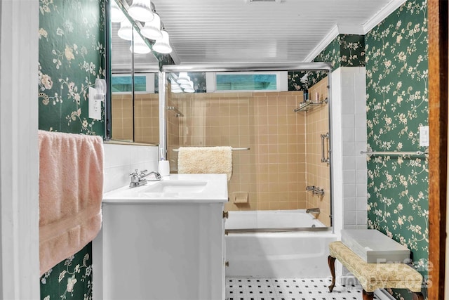 189 Woodstock Dr, West Jefferson, NC 28694 - bathroom with vanity, bath / shower combo with glass door, wallpapered walls, and ornamental molding