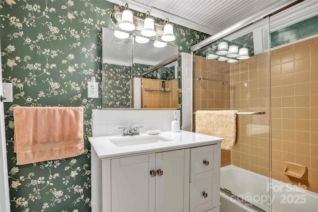 189 Woodstock Dr, West Jefferson, NC 28694 - full bathroom featuring wallpapered walls, vanity, bath / shower combo with glass door, and ornamental molding