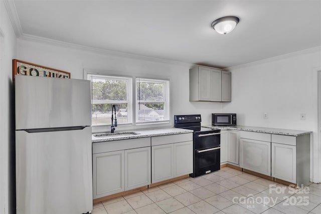 123 E Farmview St, Gastonia, NC 28054 - kitchen featuring black appliances, crown molding, gray cabinets, light stone counters, and light tile patterned flooring