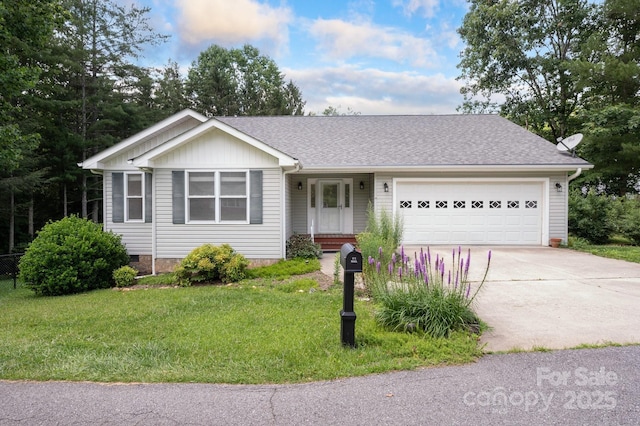 29 Honey Hollow Ln, Fairview, NC 28730 - ranch-style home with a garage, a front yard, concrete driveway, crawl space, and a shingled roof