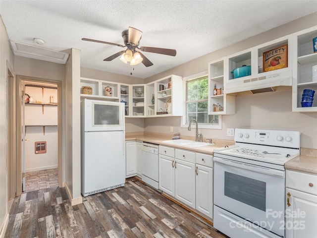 1131 Laurel Branch Rd, Waynesville, NC 28785 - kitchen featuring white appliances, open shelves, under cabinet range hood, a ceiling fan, and heating unit