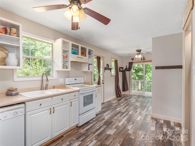 1131 Laurel Branch Rd, Waynesville, NC 28785 - kitchen featuring white appliances, open shelves, under cabinet range hood, ceiling fan, and a textured ceiling