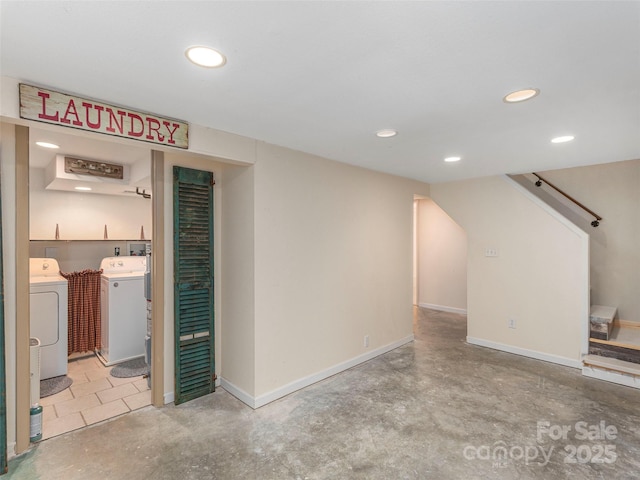 1131 Laurel Branch Rd, Waynesville, NC 28785 - unfurnished living room featuring washing machine and dryer, unfinished concrete flooring, recessed lighting, and stairs