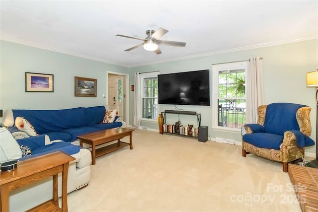 3092 Hitching Post Ln, Rock Hill, SC 29732 - living room with ornamental molding, plenty of natural light, ceiling fan, and carpet