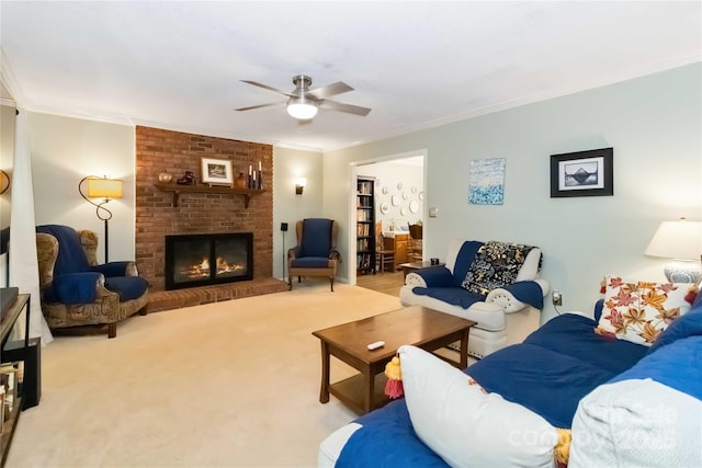 3092 Hitching Post Ln, Rock Hill, SC 29732 - living room featuring ceiling fan, crown molding, a fireplace, and light carpet