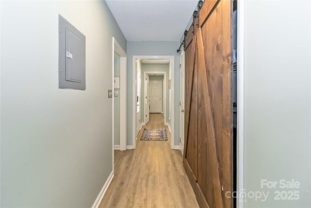 3092 Hitching Post Ln, Rock Hill, SC 29732 - hall with electric panel, a barn door, and light wood-style floors