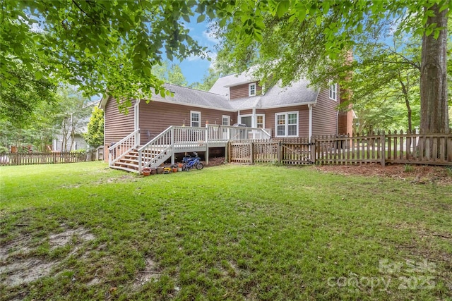 3092 Hitching Post Ln, Rock Hill, SC 29732 - back of property with a fenced backyard, a wooden deck, roof with shingles, and stairs