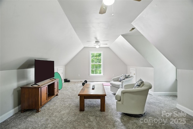 4605 Sarandon Ct, Charlotte, NC 28215 - living area with ceiling fan, light colored carpet, and lofted ceiling