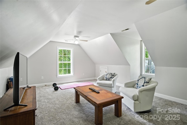 4605 Sarandon Ct, Charlotte, NC 28215 - sitting room with a ceiling fan, carpet flooring, and vaulted ceiling
