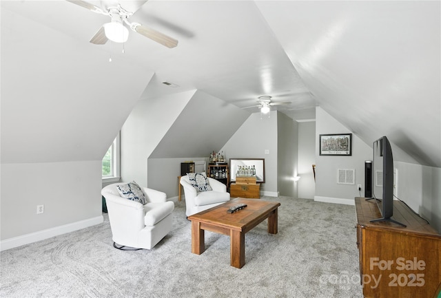 4605 Sarandon Ct, Charlotte, NC 28215 - carpeted living area featuring a ceiling fan and vaulted ceiling