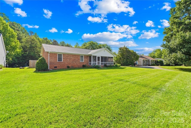 13715 Mayes Rd, Huntersville, NC 28078 - back of property featuring crawl space, brick siding, a sunroom, and a yard