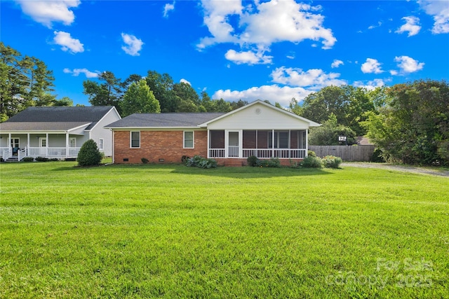13715 Mayes Rd, Huntersville, NC 28078 - rear view of house with crawl space, a sunroom, brick siding, and a porch