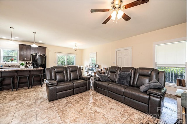 3659 Vashti Rd, Taylorsville, NC 28681 - living room with a chandelier, a ceiling fan, and recessed lighting