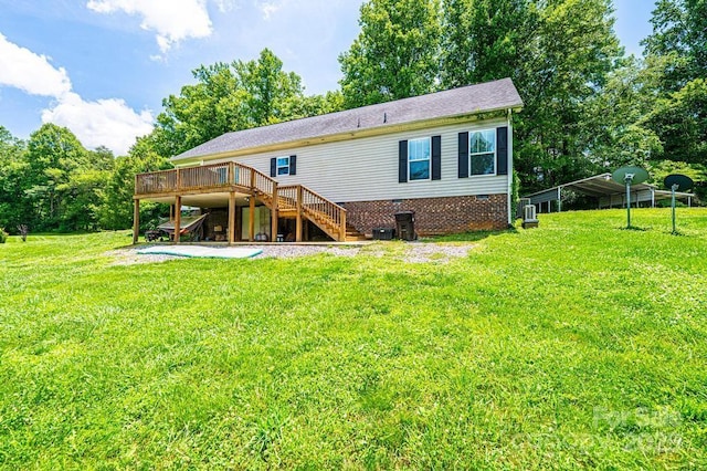 3659 Vashti Rd, Taylorsville, NC 28681 - rear view of property with stairs, a wooden deck, a lawn, and a carport