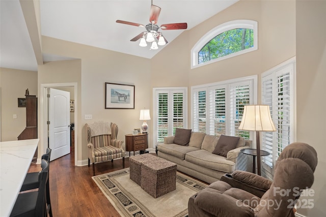 23 Tanglewood Rd, Clover, SC 29710 - living room featuring a ceiling fan, dark wood-style floors, and a high ceiling