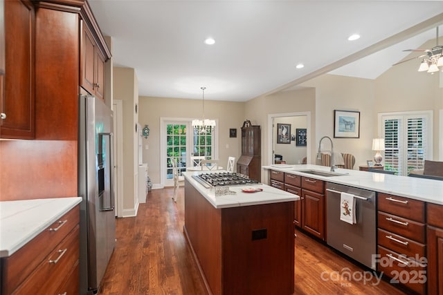 23 Tanglewood Rd, Clover, SC 29710 - kitchen featuring appliances with stainless steel finishes, a kitchen island, ceiling fan, dark wood-type flooring, and recessed lighting