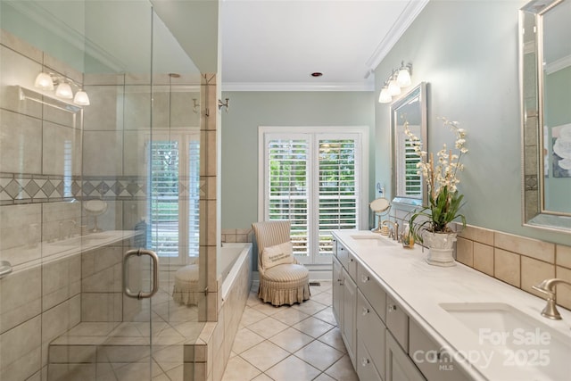 23 Tanglewood Rd, Clover, SC 29710 - full bathroom with tile patterned flooring, double vanity, crown molding, a stall shower, and a bath