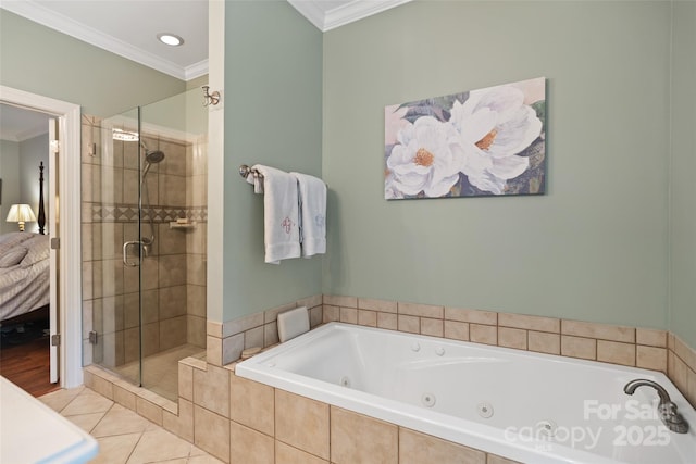 23 Tanglewood Rd, Clover, SC 29710 - bathroom with ornamental molding, a shower stall, a jetted tub, connected bathroom, and tile patterned floors