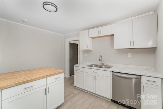210 Marshall St, Rock Hill, SC 29730 - kitchen featuring dishwasher, light wood finished floors, white cabinetry, butcher block counters, and ornamental molding