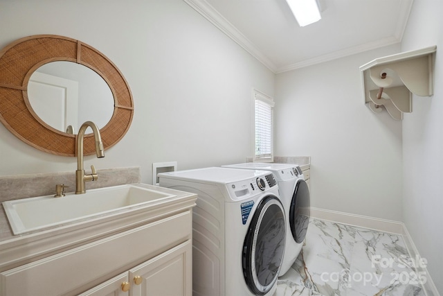 20635 Queensdale Dr, Cornelius, NC 28031 - laundry area with washer and clothes dryer, cabinet space, light marble finish floors, and ornamental molding