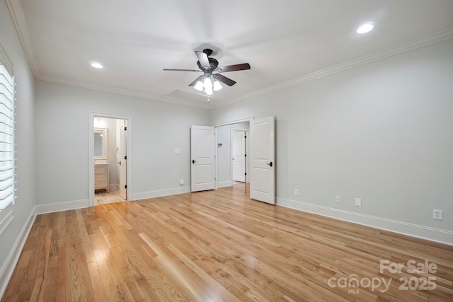 20635 Queensdale Dr, Cornelius, NC 28031 - unfurnished bedroom with light wood-style floors, crown molding, recessed lighting, ensuite bath, and a ceiling fan