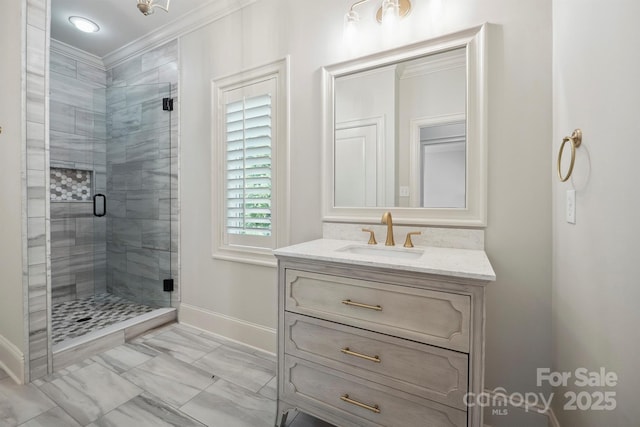 20635 Queensdale Dr, Cornelius, NC 28031 - bathroom featuring crown molding, a shower stall, vanity, and marble finish floors