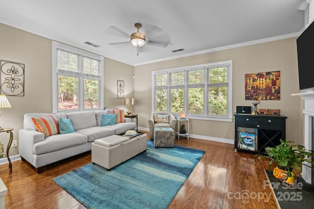 4854 S Hill View Dr, Charlotte, NC 28210 - living area featuring ceiling fan, crown molding, and wood finished floors