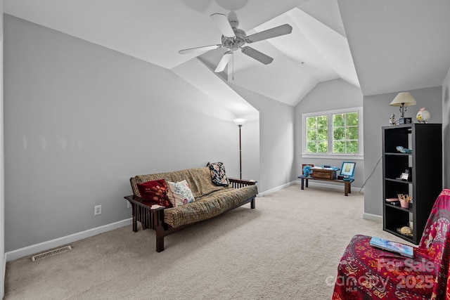4854 S Hill View Dr, Charlotte, NC 28210 - living area featuring carpet flooring, lofted ceiling, and a ceiling fan