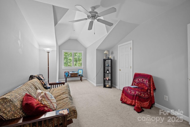 4854 S Hill View Dr, Charlotte, NC 28210 - living area featuring vaulted ceiling, carpet flooring, and a ceiling fan
