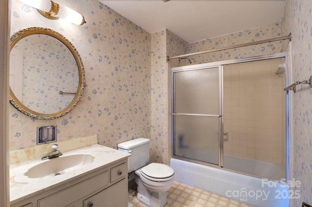 1658 Buckingham Ave, Gastonia, NC 28054 - bathroom featuring wallpapered walls, vanity, and enclosed tub / shower combo