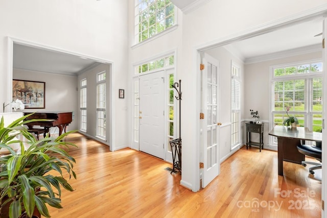 9514 Hayenridge Ct, Huntersville, NC 28078 - foyer entrance featuring light wood-style flooring, crown molding, healthy amount of natural light, and french doors