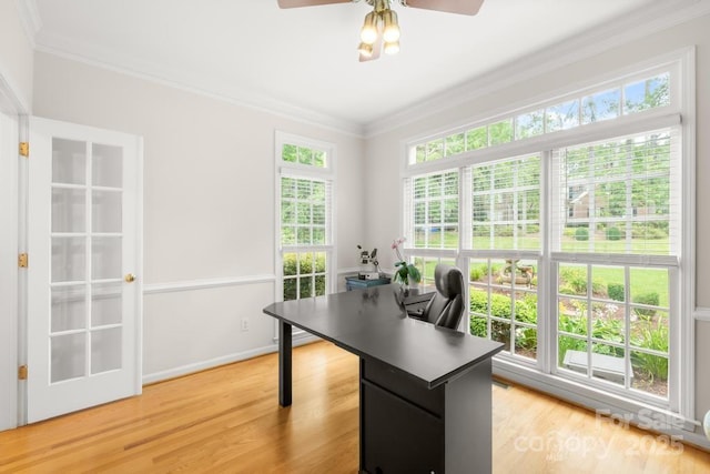 9514 Hayenridge Ct, Huntersville, NC 28078 - office featuring a ceiling fan, crown molding, and light wood-style floors