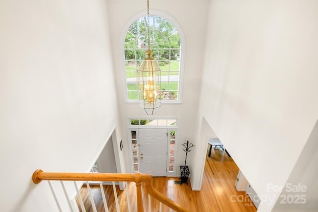 9514 Hayenridge Ct, Huntersville, NC 28078 - entrance foyer featuring a chandelier, wood finished floors, and a towering ceiling