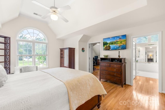9514 Hayenridge Ct, Huntersville, NC 28078 - bedroom with light wood finished floors, lofted ceiling, a ceiling fan, and connected bathroom