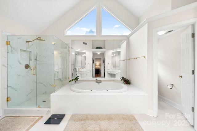 9514 Hayenridge Ct, Huntersville, NC 28078 - full bath with lofted ceiling, a marble finish shower, a bath, and tile patterned flooring