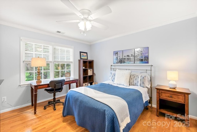 9514 Hayenridge Ct, Huntersville, NC 28078 - bedroom with crown molding, wood finished floors, an office area, and a ceiling fan
