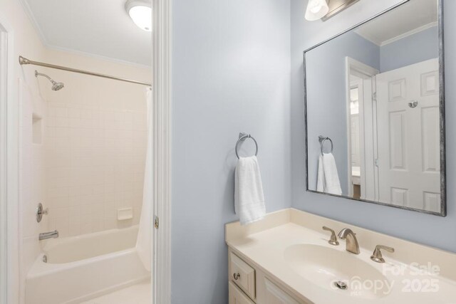 9514 Hayenridge Ct, Huntersville, NC 28078 - bathroom featuring ornamental molding, vanity, and shower / bathtub combination with curtain
