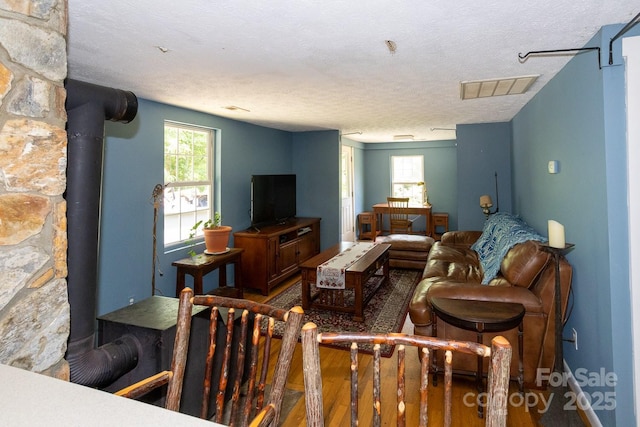3153 US-70 Hwy E, Black Mountain, NC 28711 - living room featuring wood finished floors, a textured ceiling, healthy amount of natural light, and a wood stove
