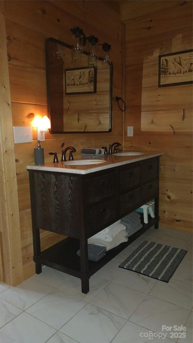 962 Laurel Mountain View Rd, Flat Rock, NC 28731 - bathroom with wood walls, double vanity, and tile patterned floors