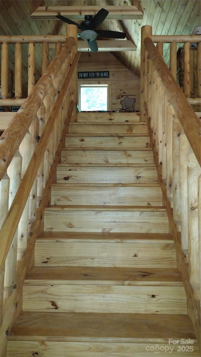 962 Laurel Mountain View Rd, Flat Rock, NC 28731 - stairs featuring vaulted ceiling, wooden walls, and wood ceiling