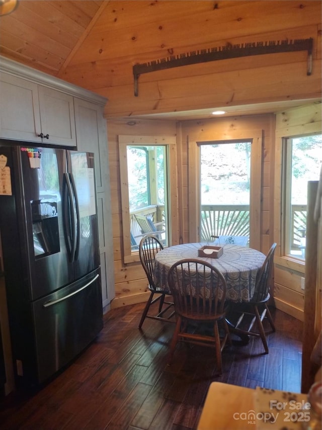 962 Laurel Mountain View Rd, Flat Rock, NC 28731 - dining room with dark wood-type flooring, wood ceiling, healthy amount of natural light, wood walls, and vaulted ceiling