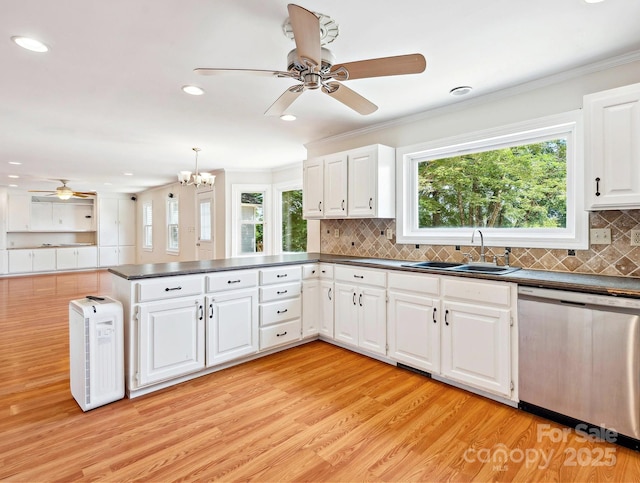 5632 Zion Church Rd, Concord, NC 28025 - kitchen with stainless steel dishwasher, a ceiling fan, dark countertops, a peninsula, and recessed lighting